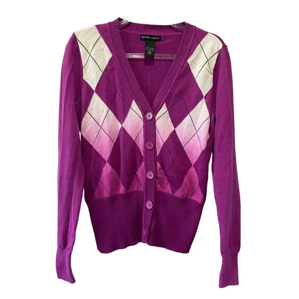 Vinatge New York & Company Purple Argyle Cardigan XS Academia Preppy Goth